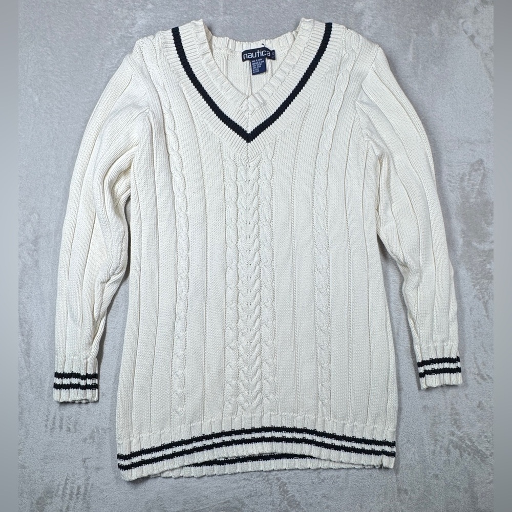 Vintage Nautica Women’s Cable Knit Fisherman Cream Navy Blue Knit Sweater Large